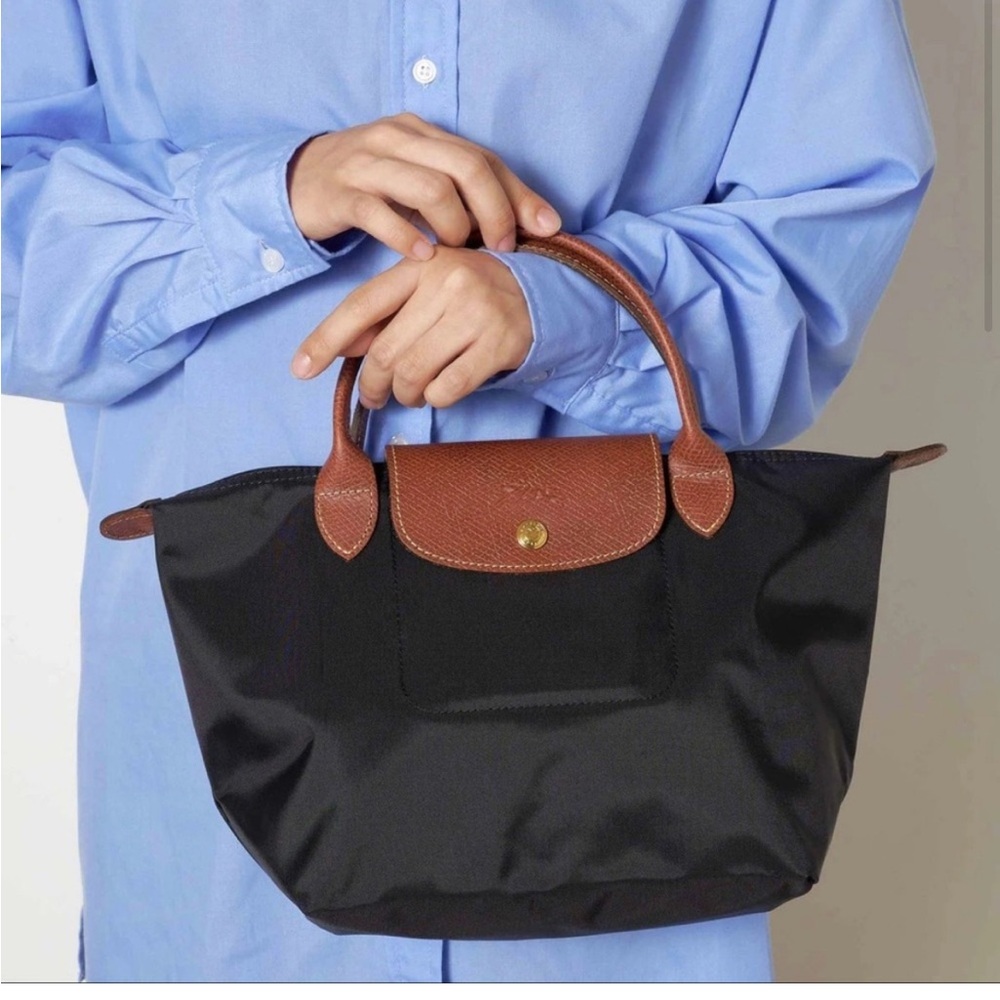 Longchamp Le Pliage Tote in black with brown accents